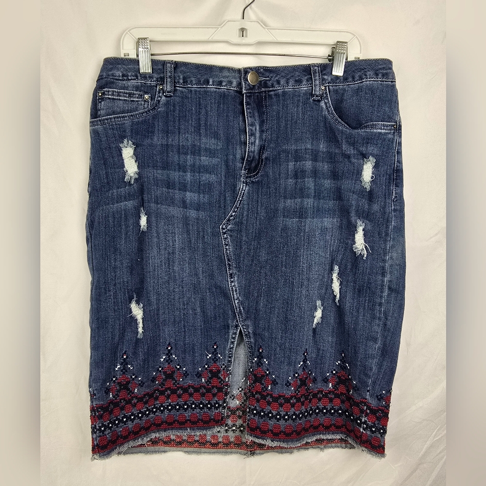 Baccini Distressed Embroidered Y2K Blue Denim Front Slit Pencil Skirt sz 12